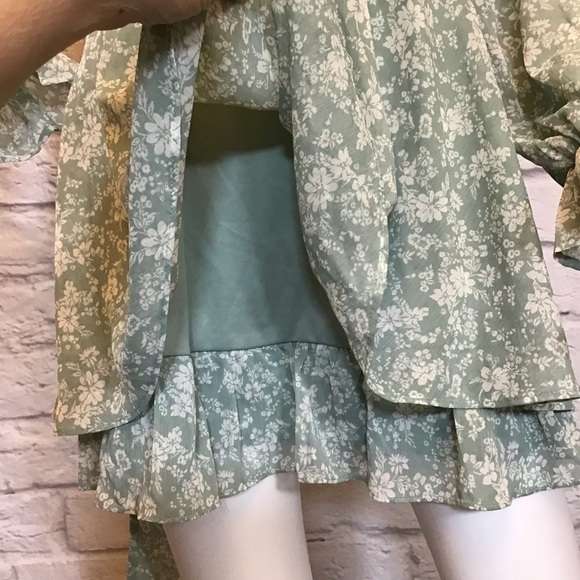 Babydoll Dress Lg Floral Long Sleeve Green Milkmaid Tiered Ruffle Crepe Mini - Picture 6 of 10